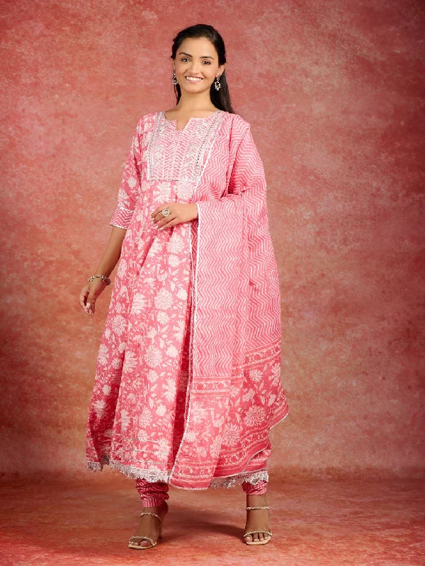 Coral Printed Cotton Anarkali Kurta With Churidar & Dupatta