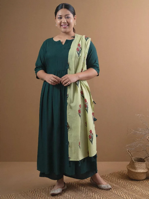 Plus Size Green Solid Rayon Anarkali Kurta With Palazzos & Stole