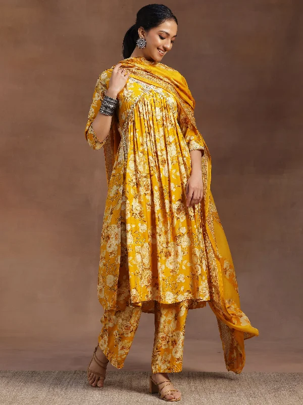 Yellow Printed Silk Blend A-Line Kurta With Palazzos & Dupatta