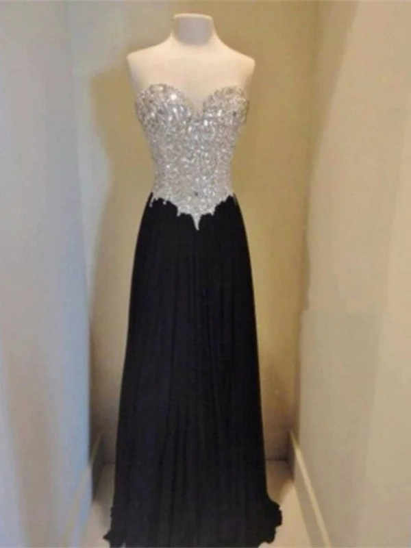 A Line Sweetheart Neckline Long Black Prom Dresses, Black Evening Dresses