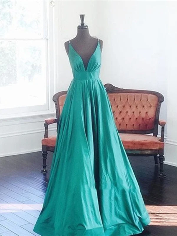 Simple Green A Line V Neck Long Prom Dress, V Neck Formal Dresses, Evening Dresses