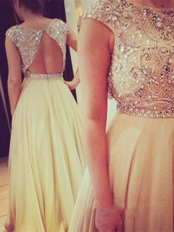 Champagne Chiffon round neckline Backless Long Prom Dresses, Evening Dress