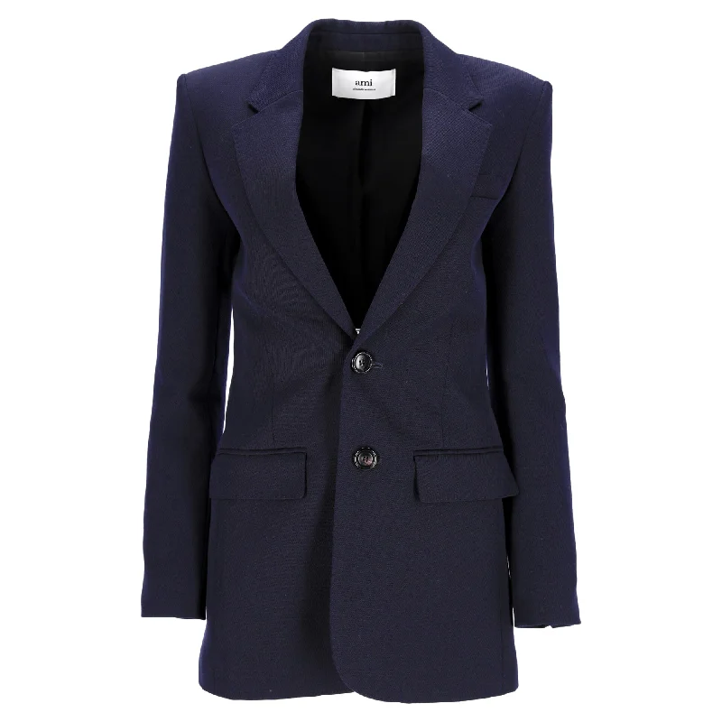 Ami Single-Breasted Blazer in Navy Blue Wool