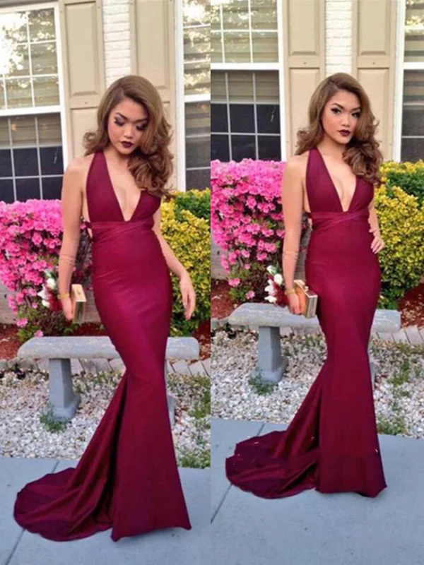 Mermaid V Neck Backless Maroon Prom Dress, Burgundy Formal Dress, Evening Dress