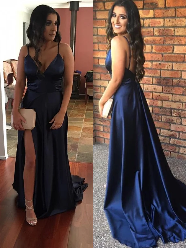 V Neck Spaghetti Straps Backless Satin Navy Blue Prom Dresses with Slit, Navy Blue Formal Dresses, Evening Dresses