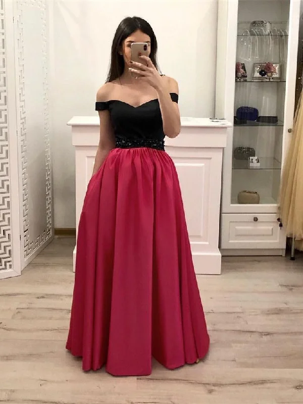 Off Shoulder Hot Pink Satin Black Top Long Prom Dresses with Pockets, Off Shoulder Formal Dresses Graduation Dresses Evening Dresses