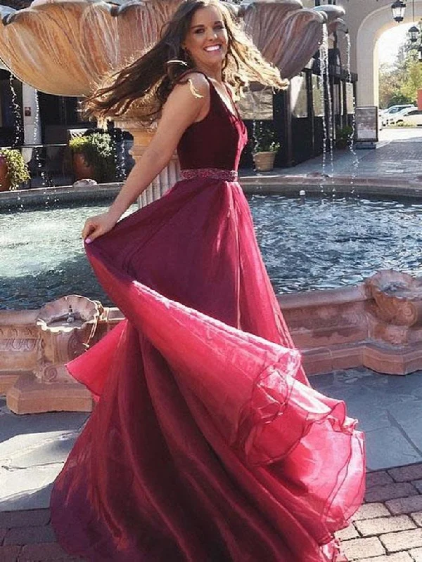 Burgundy V Neck Floor Length Prom Dress, Burgundy Formal Dress, Maroon Evening Dress