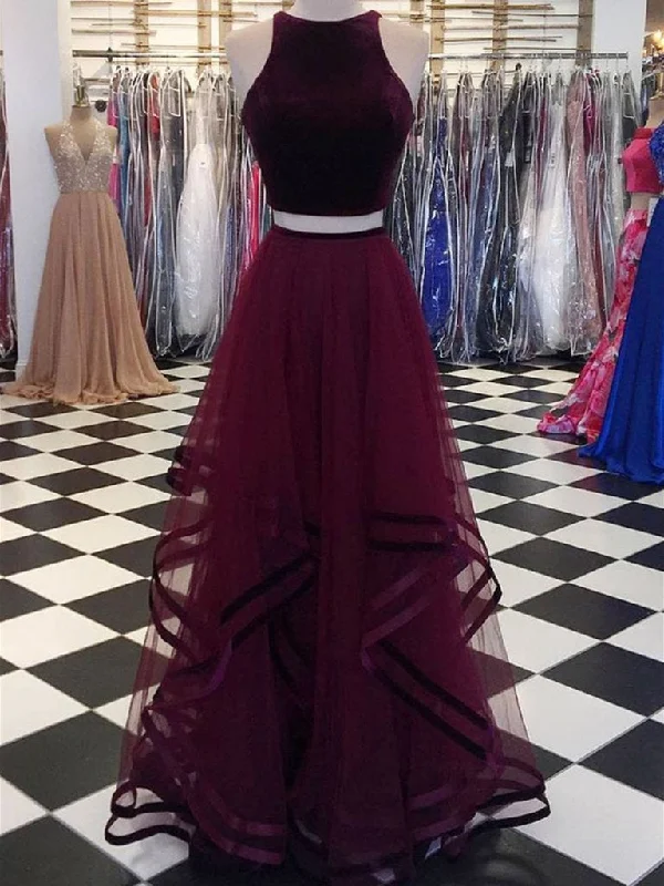 Round Neck 2 Pieces Tulle Purple Long Prom Dresses, 2 Pieces Purple Formal Dresses, Evening Dresses