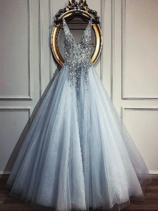 A Line V Neck Beaded Sequins Blue Tulle Long Prom Dresses, Blue Formal Dresses, V Neck Blue Evening Dresses