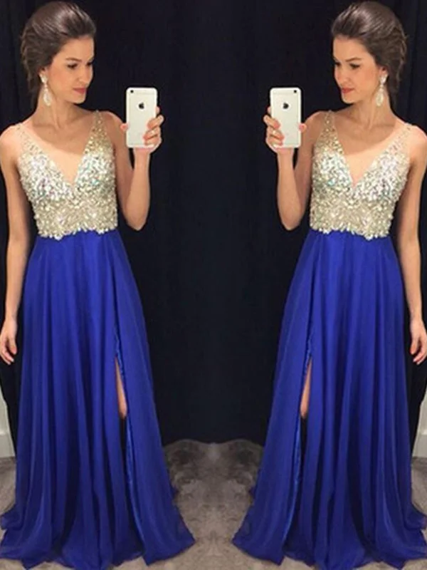 A Line V Neck Blue Prom Dresses, Blue Formal Dresses, Evening Dresses