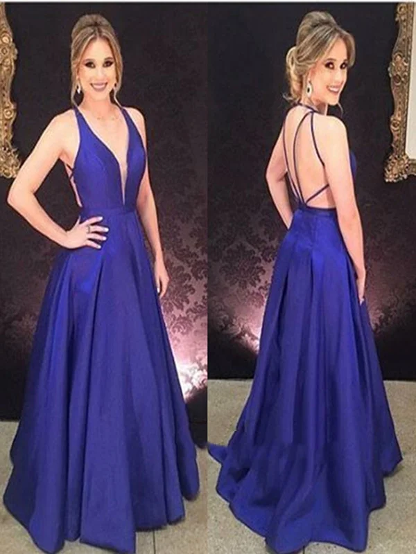 A Line V Neck Backless Royal Blue Prom Dress, Royal Blue Formal Dress, Backless Evening Dress