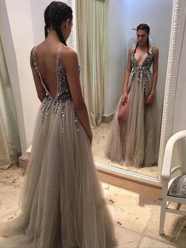 Sexy Deep V Neck Sequins Long Grey Prom Dresses, Sexy Evening Dresses