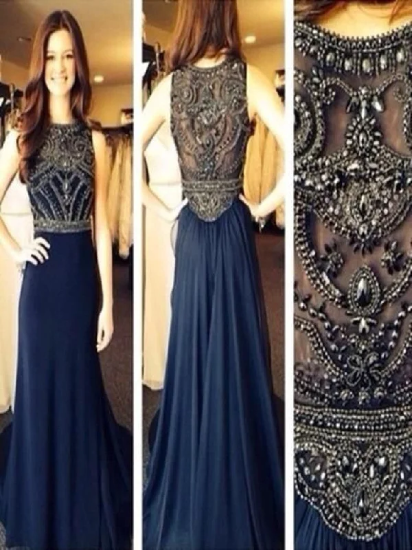 Dark Blue Chiffon A-line Beaded Long Prom Dresses, Evening Dresses, Formal Dresses