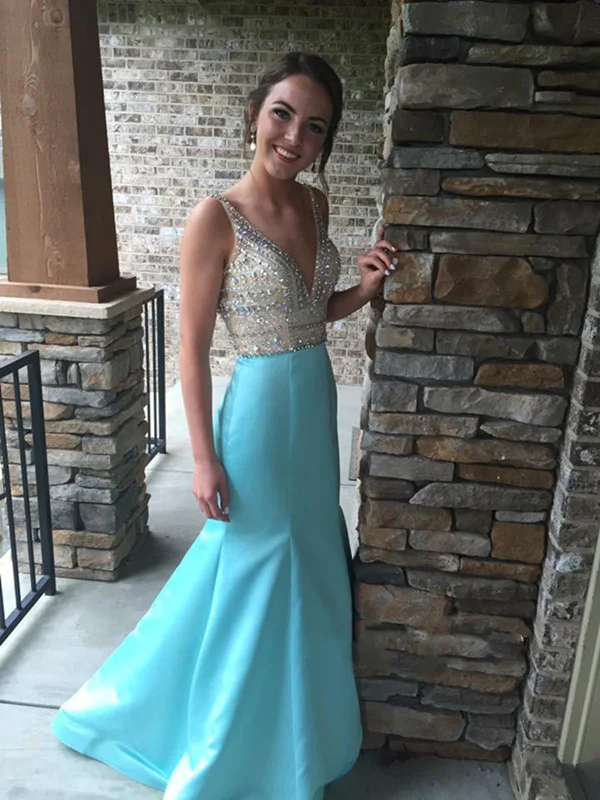 Gorgeous Light Blue Mermaid V Neck Backless Prom Dresses, V Neck Backless Evening Dresses With Beading