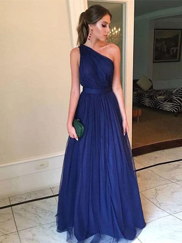 Elegant Dark Blue A Line One Shoulder Tulle Long Prom Dresses, Dark Blue Formal Dresses, Evening Dresses