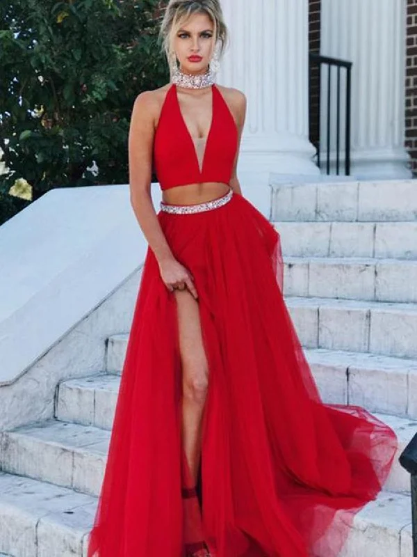 A Line V Neck Two Pieces Tulle Red Long Prom Dresses with Slit, Red Formal Dresses, Red Evening Dresses