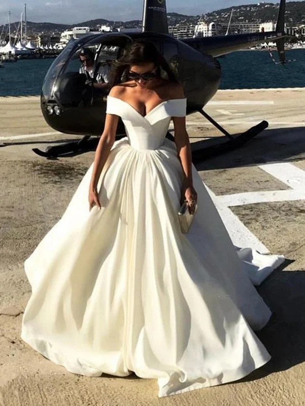 Simple Off Shoulder White Satin Prom Dresses, White Long Formal Dresses, White Evening Dresses