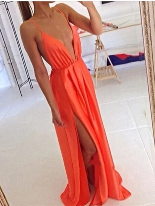 Custom Made Orange Deep V Neck Backless Prom Dresses, Long Deep V Neck Evening Dresses