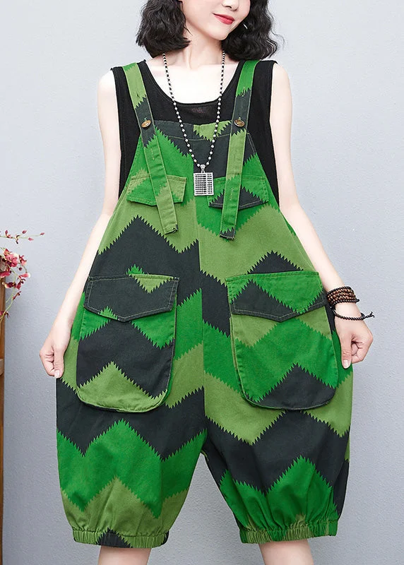 Loose Green Slash Neck Print Lantern Jumpsuit Summer