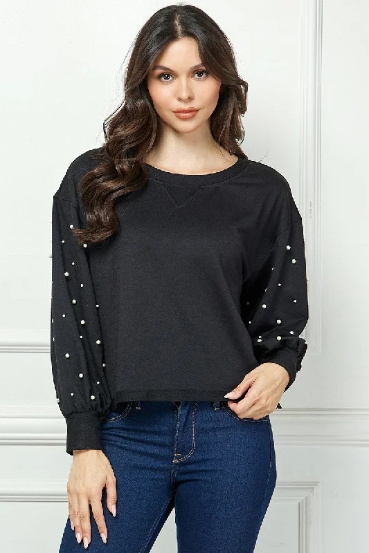 BLACK LONG SLEEVES FAUX PEARL DETAILED KNIT TOP AVT10610K