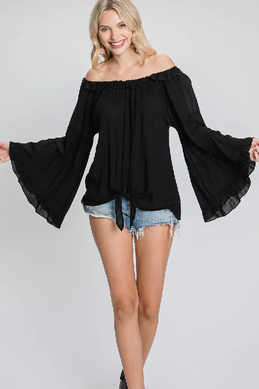 BLACK RUFFLED OFF-SHOULDER BELL LONG SLEEVES TOP SO3438T