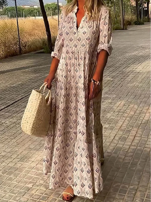 CityHottie - Women's Long Dress Maxi Dress Casual Dress Summer Dress Print Dress Geometric Fashion Streetwear Outdoor Date Vacation Print 3/4 Length Sleeve V Neck Dress Regular Fit Pink Blue Green Summer Spring S