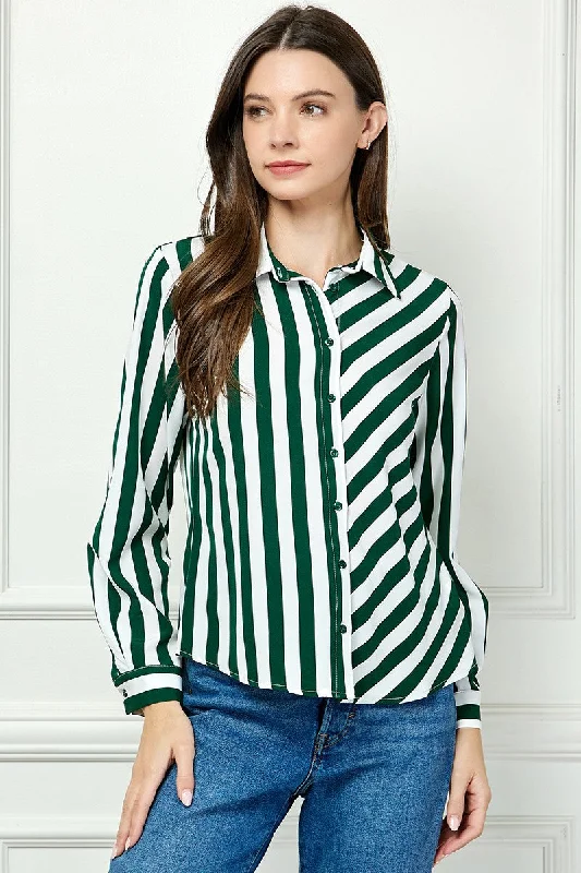 GREEN STRIPE COLLARED LONG SLEEVES TOP AVB51207W