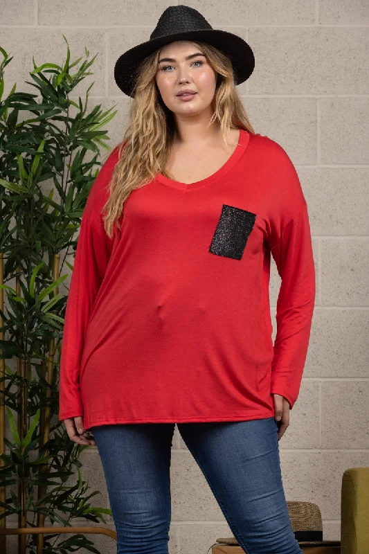 RED V-NECK LONG SLEEVE PLUS SIZE TOP T6945X