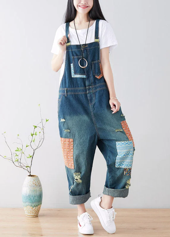 Art Blue pockets Patchwork ripped denim Jumpsuit Spring