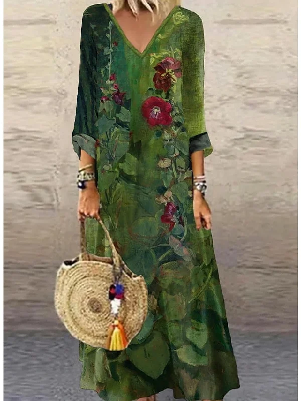 CityHottie - Women's Casual Dress Ethnic Dress Long Dress Maxi Dress Green 3/4 Length Sleeve Floral Print Summer Spring Fall V Neck Classic Vacation 2024 S M L XL XXL 3XL 4XL