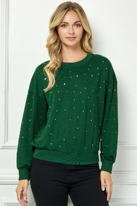 HUNTER GREEN RHINESTONE DETAILED LONG SLEEVES KNIT SWEATER AVT10609K