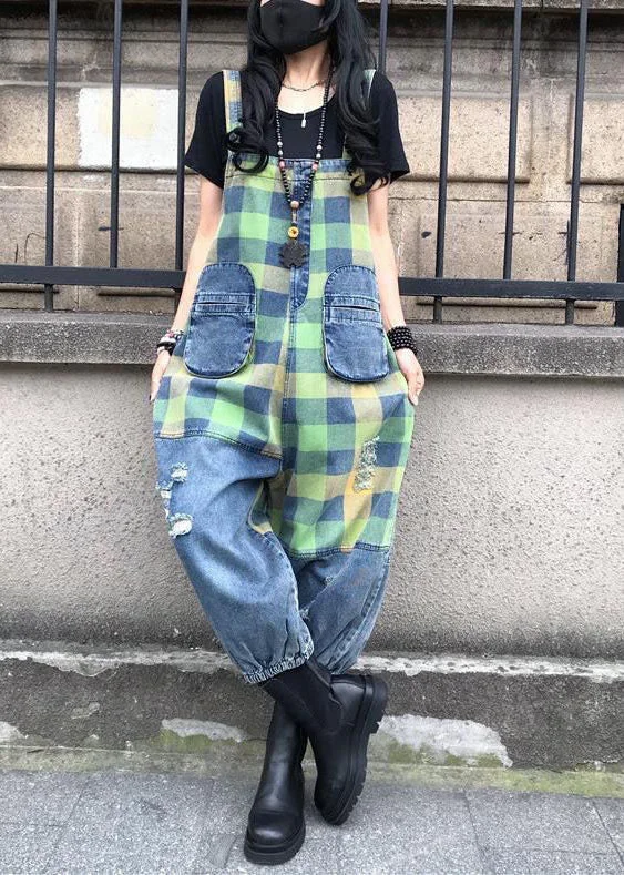 Style Blue Patchwork Plaid Print Denim Spaghetti Strap Jumpsuit Summer