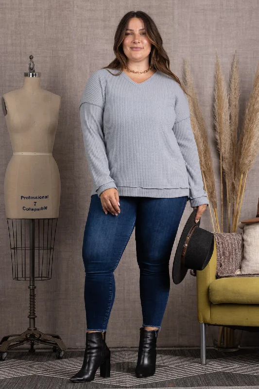 STEEL RIBBED KNIT LONG SLEEVES PLUS SIZE TOP M5044P