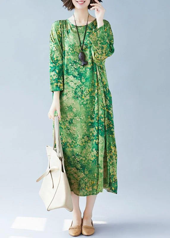 Women green print Long dress o neck Maxi summer Dresses