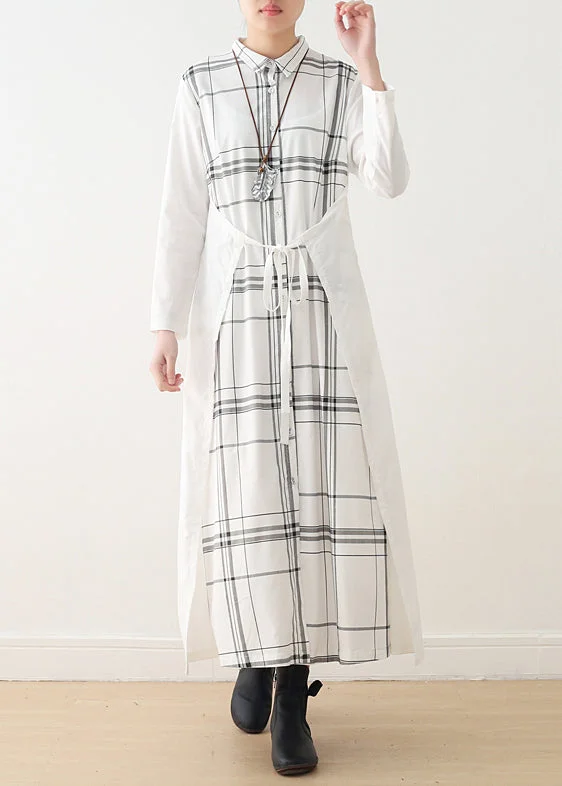 Handmade lapel tie waist cotton quilting dresses Omychic Sleeve white Plaid Maxi Dresses spring