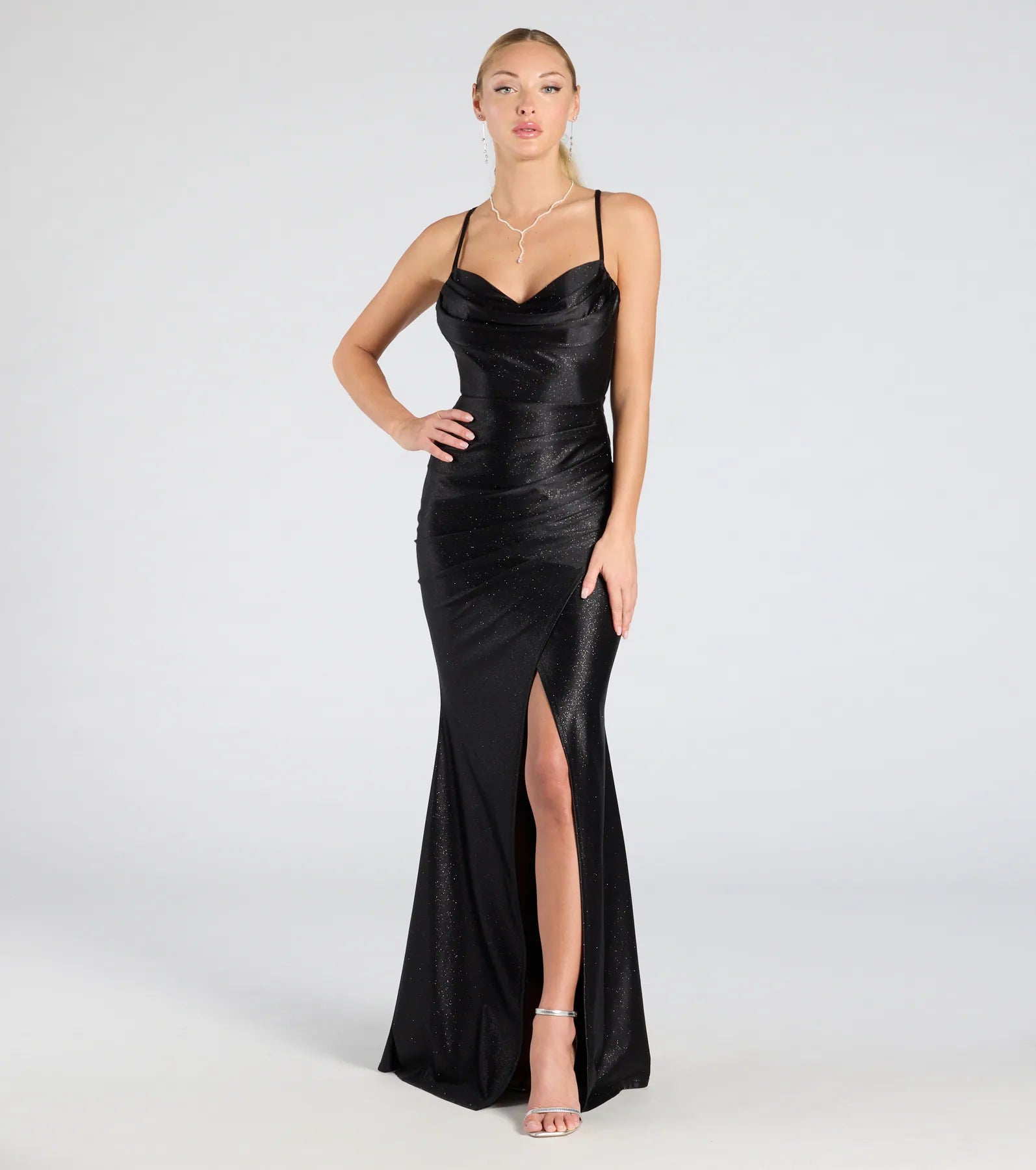 Joyce Open Back Wrap Bodycon Glitter Formal Dress