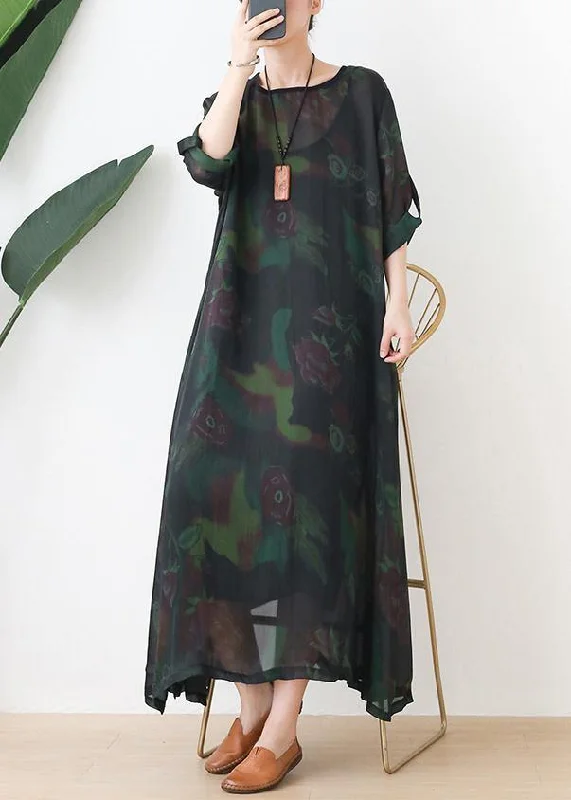 Loose o neck chiffon kaftans Casual green print Maxi Dresses