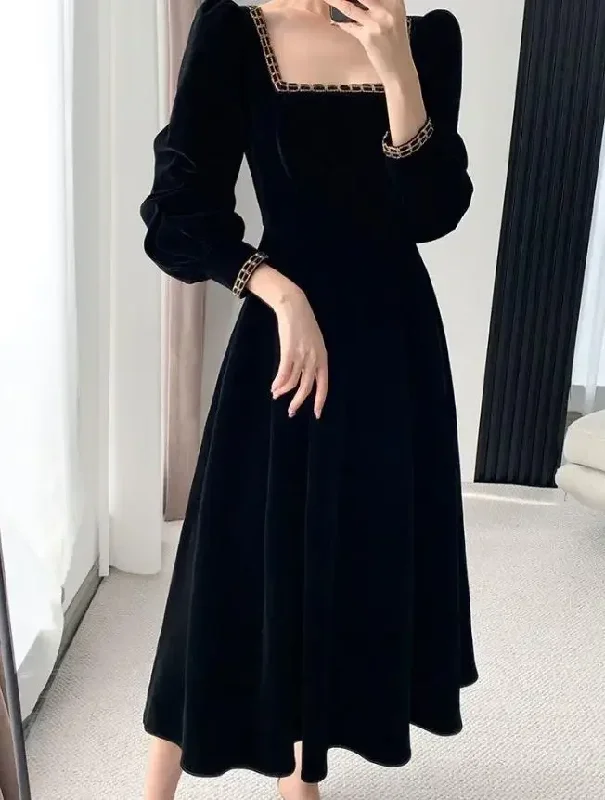 Velvet Dress Women Long Sleeve Square Neck Elegant Bodycon Patchwork Fashion Evening Dress Y6744