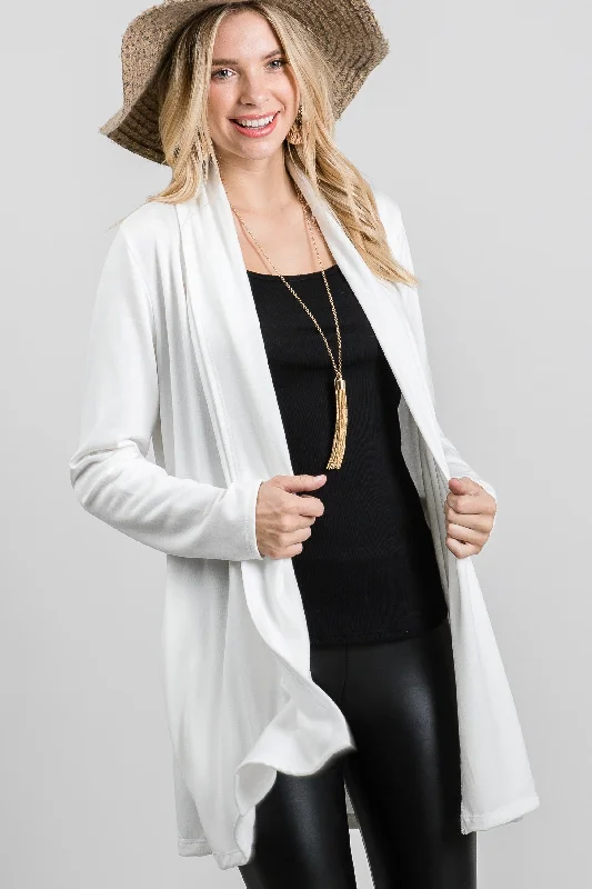 WHITE FRENCH TERRY OPEN NECK LONG SLEEVES KNIT LONG CARDIGAN SO3420T