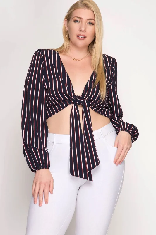 NAVY LONG SLEEVES STRIPED TIE-FRONT PLUS SIZE CROP TOP S5PSL6977