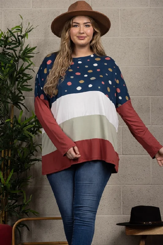 NAVY POLKADOT CONTRAST LONG SLEEVE PLUS SIZE TOP-CT33698