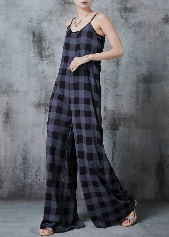 Bohemian Dull Grey Oversized Plaid Chiffon Jumpsuits Summer