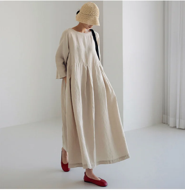 CityHottie - Women Summer Cotton dresses Nine-point Sleeves dress long Maxi dress loose robes casual Dress customized plus size dress boho Linen dress