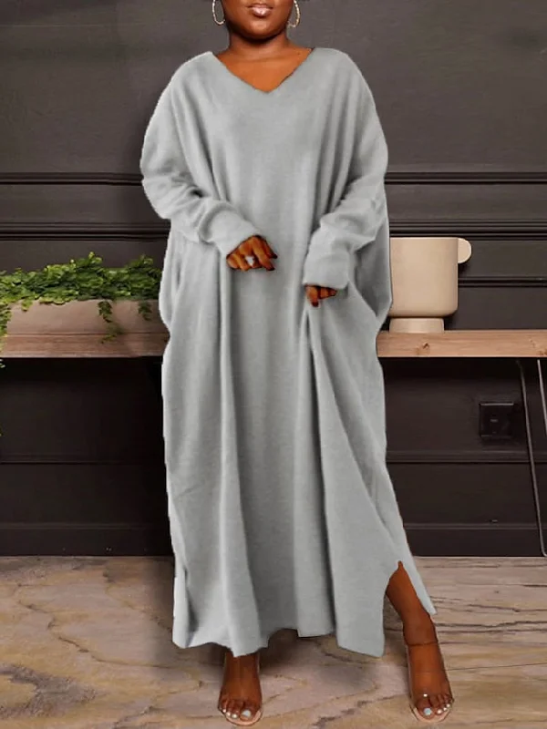 CityHottie - Women's Plus Size Casual Dress Solid Color V Neck Long Sleeve Winter Fall Basic Casual Maxi long Dress Daily Vacation Dress