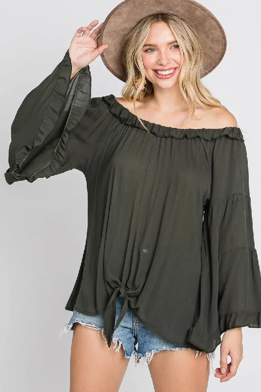 OLIVE RUFFLED OFF-SHOULDER BELL LONG SLEEVES TOP SO3438T