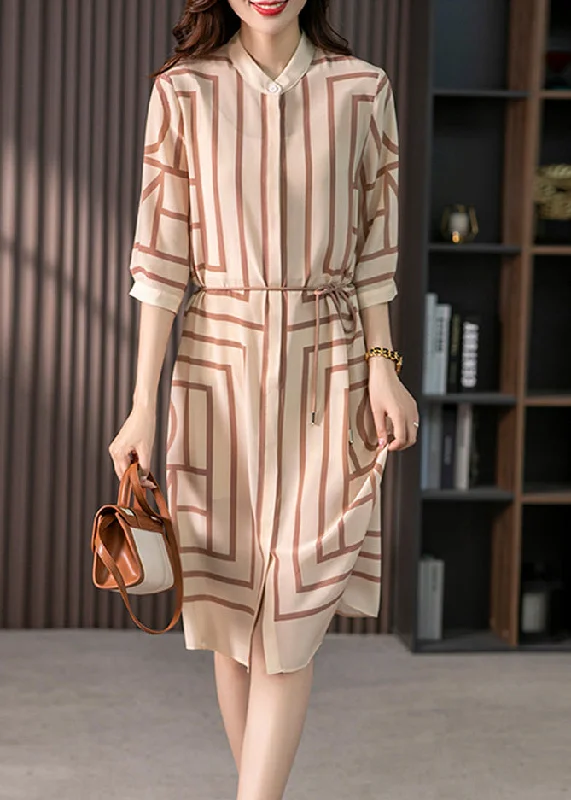 Elegant Light Coffee O-Neck Striped Side Open Silk Maxi Dress Half Sleeve