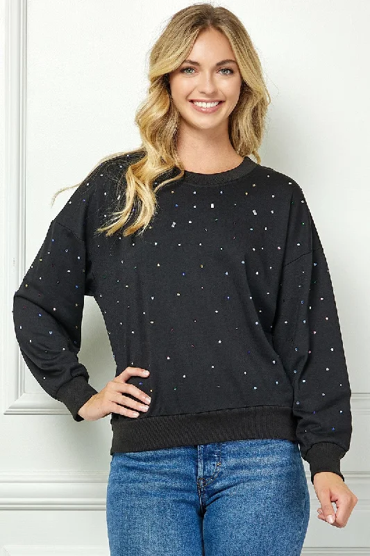 BLACK RHINESTONE DETAILED LONG SLEEVES KNIT SWEATER AVT10609K