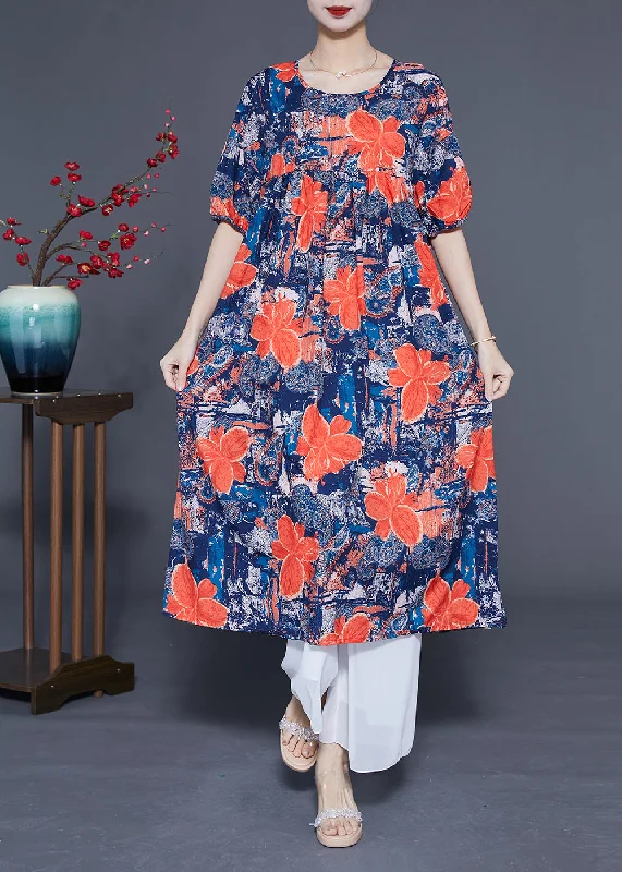 French Navy O-Neck Floral Print Silk Maxi Dress Summer