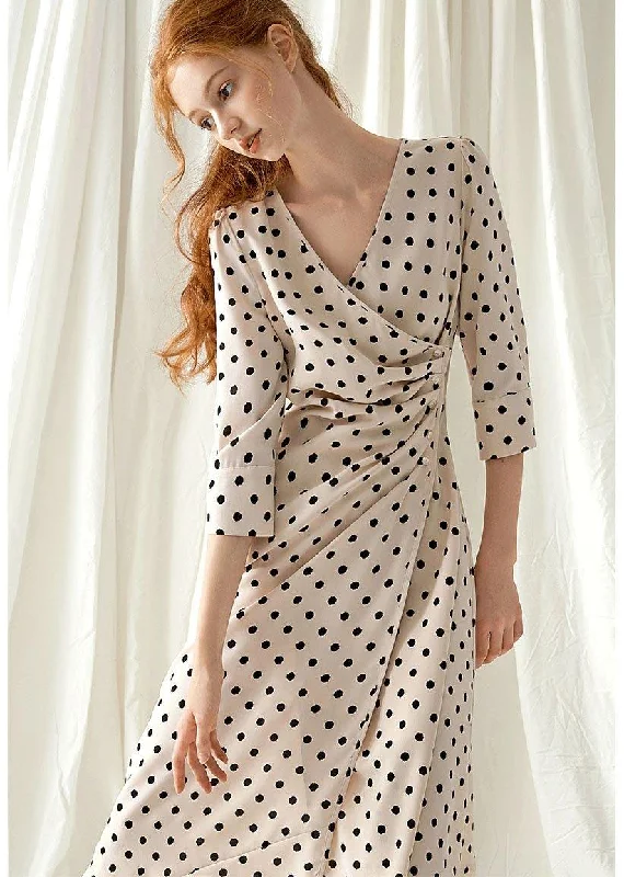 Italian v neck chiffon dresses Fabrics nude dotted Maxi Dresses fall