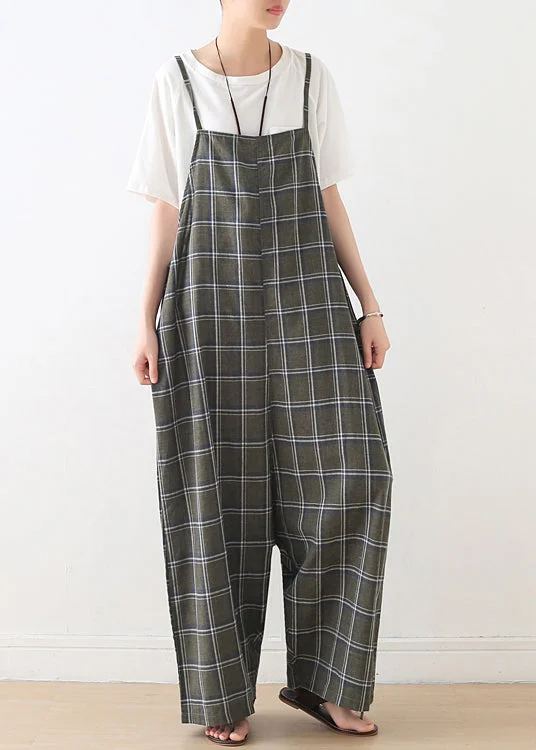 Women Baggy Green Plaid Cotton Spaghetti Strap Jumpsuit Summer